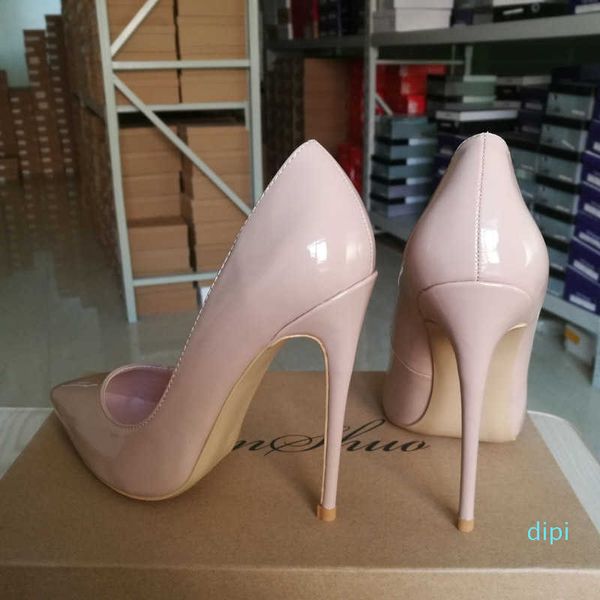 Gros-GENSHUO Sexy Nude Talons Hauts Escarpins Chaussures Femmes Stiletto Party Mariage En Cuir Verni Zapatos De Mujer Taille 5-12 210610