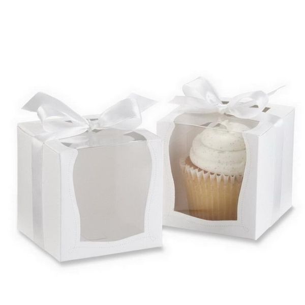 Venta al por mayor- Caja de regalo Paper Craft 9 * 9 * 9 cm Cajas de cupcakes individuales con inserto y lazo de cinta Suministros de boda SN5229