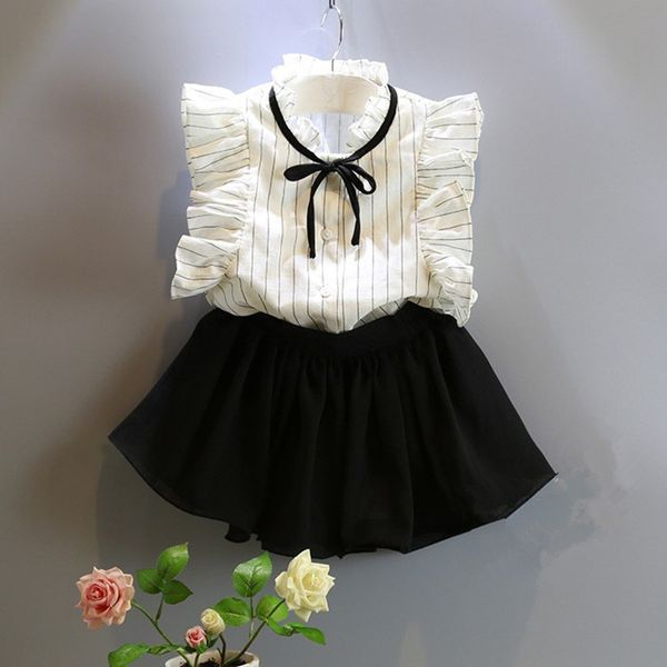 Venta al por mayor- Conjuntos de ropa para niñas 2016 nuevo estilo de verano ropa para niños niñas camisas a rayas sin mangas + falda negra ropa para niñas pequeñas