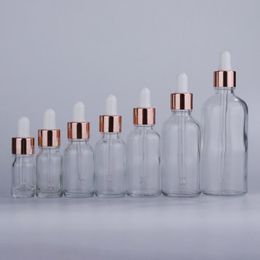 Bottiglie contagocce ricaricabili in vetro all'ingrosso 5-100 ml Contenitore vuoto per olio essenziale con nuovi coperchi in oro rosa Shfoq
