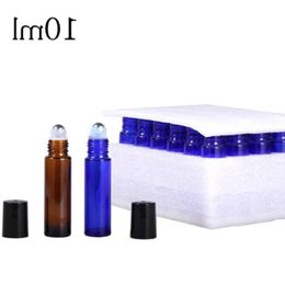 Groothandel glazen roller op flessen 10 ml Amber Blue Roller Essential Oil Container met SS -balverpakking met 24 -stks/doos GKVFO