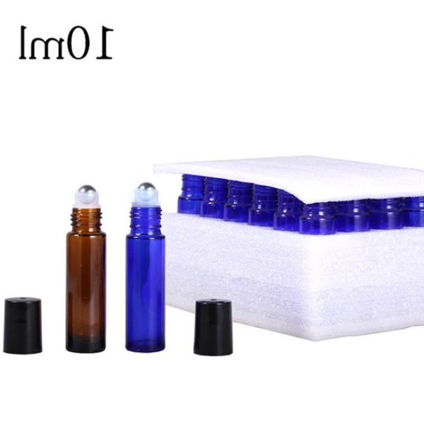 Rouleau de verre en gros sur bouteilles 10 ml Conteneur d'huile essentielle de rouleau bleu ambre avec emballage de boule SS par 24pcs / Box Kxvbk