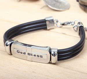 Vente en gros God Bless Titanium Steel Charm Bracelet Hommes Bijoux De Mode PU Bande De Cuir Bracelet Bracelets Top Qualité