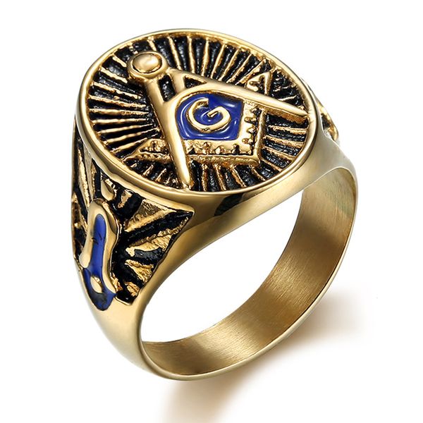 Gold Silver Blue Enamel Mason Freemason Signet Anillo masónico RETRO Efecto negro de acero inoxidable al por mayor para hombres