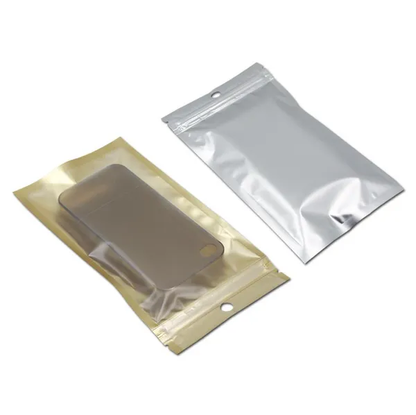 Venta al por mayor Golden / Clear Self Seal Zipper Plastic Paquete al por menor Bolsa de embalaje Cierre de cremallera Bolsas de embalaje con orificio para colgar 10 tamaños