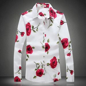 Groothandel - goede kwaliteit floral gedrukt shirt heren 2016 nieuwe mode plus size slim fit lange mouw rose patroon heren shirts camisa masculina