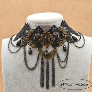 Anhänger Halsketten Großhandel-Gothic Steampunk Schwarze Blume Spitze Choker Halskette Bijoux Schmuck Mode Für Frauen1