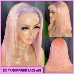 Venta al por mayor Grado 12a 10a Indio Brasileño 100% Remy Virgen Cabello humano Púrpura Rosa Recto 13x4 Peluca frontal de encaje transparente