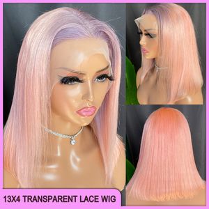 Vente en gros Grade 12a 10a indien brésilien 100% Remy vierge cheveux humains violet rose droite 13x4 Transparent dentelle frontale perruque