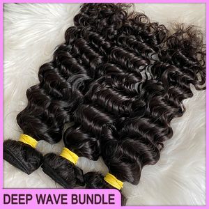 Groothandel Grade 12a Dikke paardenstaart Maleisische haarextensies 100% HUNDER HAAR WEFT PERUVISCHE Indiase Braziliaanse haar Deep Wave 3 Bundels