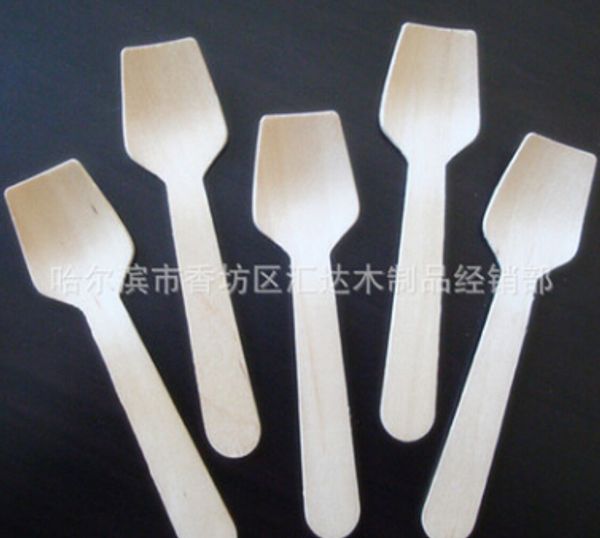 Al por mayor-Grado A 1000 piezas Mini Desechable De madera de borde plano CUCHARA Cucharada 9.5 CM Cuchara de postre Cubiertos Pastel de helado de madera de abedul Fiesta BBQ