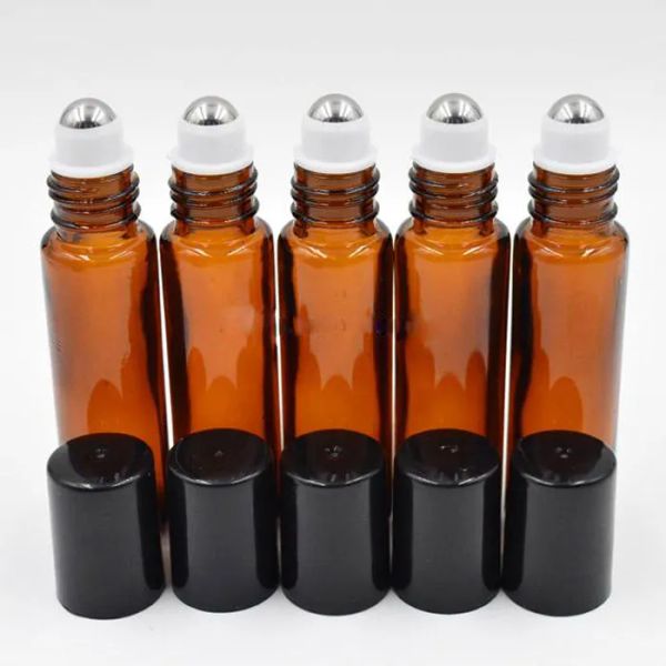 wholesale Bouteilles à rouleaux en verre épais de 10 ml vert ambre violet rouge noir avec couvercles noirs à vis à billes en métal pour 10 ml d'huile essentielle Eye ZZ