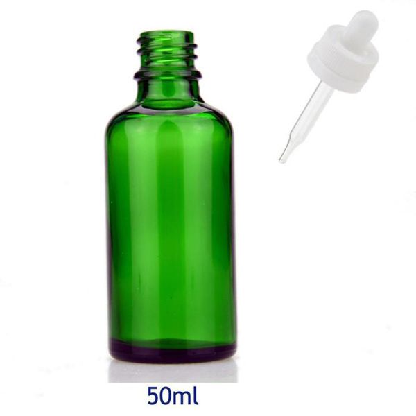 Bouteille en verre de compte-gouttes d'huile essentielle verte en gros 50 ml bouteilles de compte-gouttes en verre vides avec le chapeau blanc noir de preuve d'enfant et le compte-gouttes d'oeil