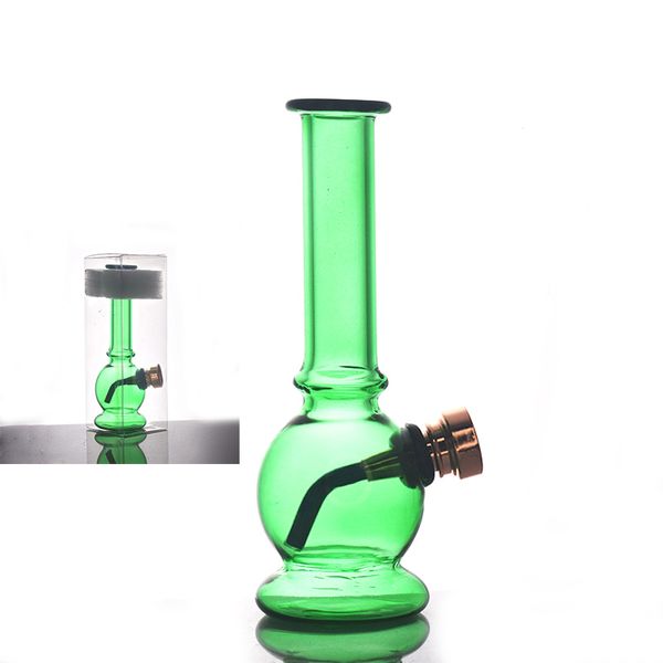 Venta al por mayor Verde mini cachimba portátil más nuevo vidrio agua dab rig bong tabaco pipa para fumar con recipiente de metal de vástago inferior