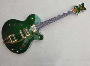 Groothandel groene semi-holle elektrische gitaar met tremolo bar, palissander fretboard, witte binding, gouden hardware, kan worden aangepast