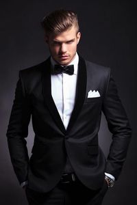 Groothandel- Bruidegom Tuxedos Hoge kwaliteit Mannen Pakken voor Bruiloft Business Mannen Past Bruidegom Wear (jas + Pants + Bowtie) Two-Pieces Black Ternobe Spook