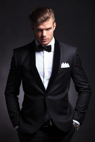 Wholesale- Broom Tuxedos Haute Qualité Hommes Costumes Pour Entreprise De Mariée Hommes Costumes Wear Groom (Veste + Pantalon + Bowtie) Deux-Pieces Noir Ternobespoke