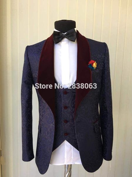 Vente en gros - Garçons d'honneur Châle Bordeaux Revers Marié Tuxedos Noir Hommes Costumes Side Vent Mariage Meilleur Homme Blazer (Veste + Pantalon + Gilet + Noeud Papillon) Z22