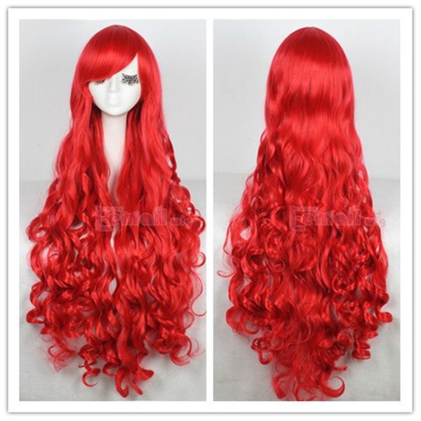 Livraison gratuite en gros 100 cm de long rouge femmes vague bouclée cheveux synthétiques cosplay perruque