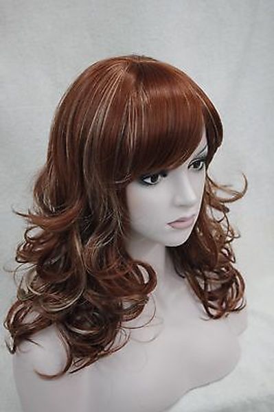 Livraison gratuite en gros belle perruque de cheveux synthétiques longs rouge-auburn avec des reflets blonds bouclés pour femmes