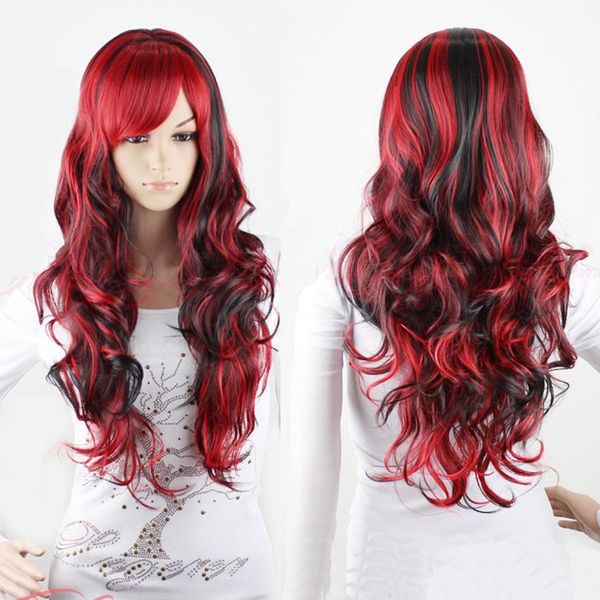 Livraison gratuite en gros mode noir mélange rouge perruque longue ondulée cheveux bouclés femmes Cosplay perruques complètes