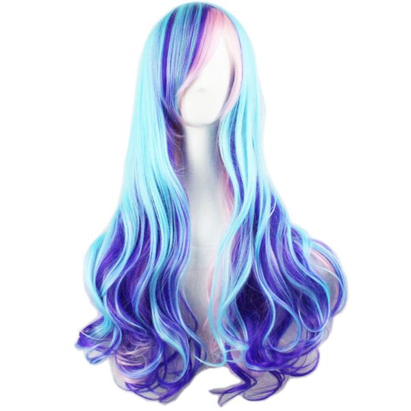 Livraison gratuite en gros Filles Mode Ondulés Bouclés Cheveux Longs Femmes Cosplay Perruque Bleu Clair + Bleu Vif