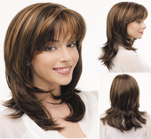 Livraison gratuite en grosMedium Straight Hairstyle Highlight Blonde Color Perruques de cheveux synthétiques 14 pouces