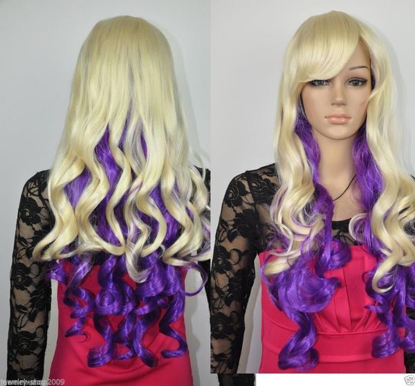 Livraison gratuite en gros nouvelle perruque longue bouclée mélange blond clair et violet