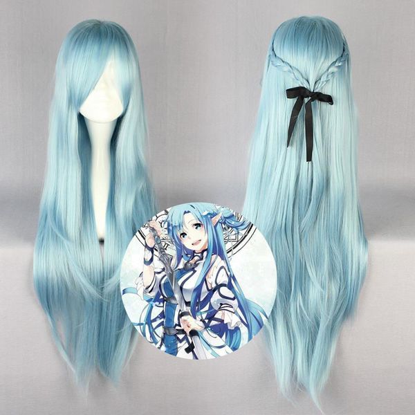 Venta al por mayor envío gratis SAO ALO Titania Yuuki Asuna agua Hada larga recta Aqua azul Cosplay peluca llena