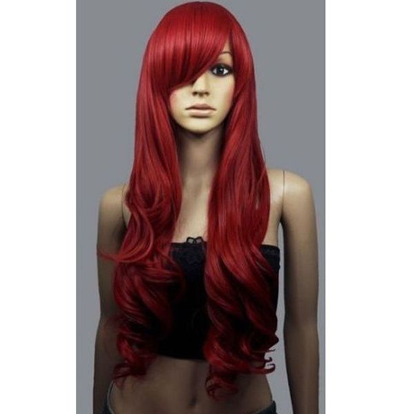 Livraison gratuite en gros femmes cheveux longs bouclés vague petite sirène princesse Ariel rouge Lolita Cosplay perruque