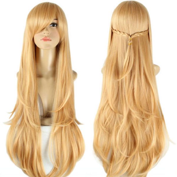 En gros livraison gratuite Femmes Longs Bouclés Cheveux Ondulés Pleines Perruques Cosplay Party Anime Perruque Blonde Couleur