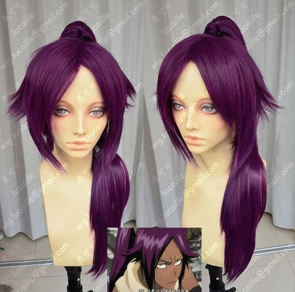 Livraison gratuite en gros Shihouin Yoruichi 60 cm violet Lolita Cosplay perruque de fête avec queue de cheval