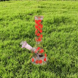 Groothandel Handgeblazen Art 10" Cute Cherry Decal Alle Roze Glazen Roken Water Hookah Bong met Roze Downstem Roze Hart Bowl