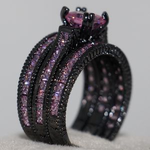 Vente en gros de bijoux vintage faits à la main en or noir 14 carats rempli de pierres précieuses de saphir rose taillées en princesse CZ 3 en 1 ensemble de bagues de mariage pour femmes