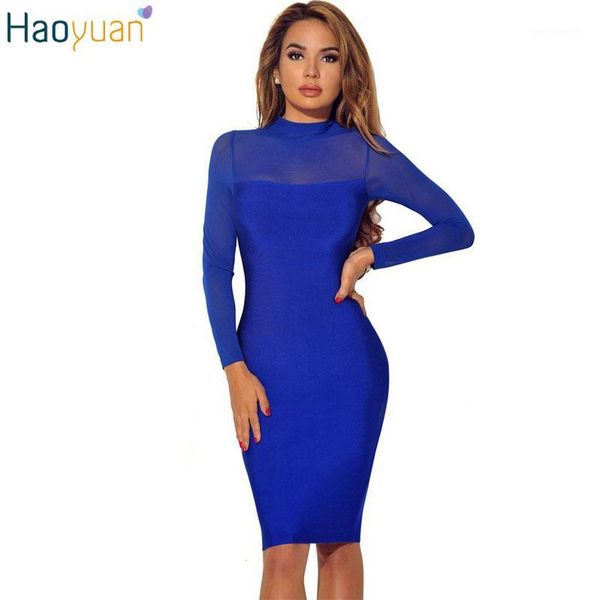 Vestidos de fiesta al por mayor- HAOYUAN Mujeres Sexy See Through Club Dress Bodycon Manga larga Slim Rayon Vendaje Midi Autumn Night Dress1