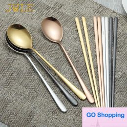 Groothandel Hashi Zwart 18/10 Rvs Koreaanse Eetstokjes Lepel Set Servies Dessertlepels Lange Steel Chinese Chop Sticks Sets