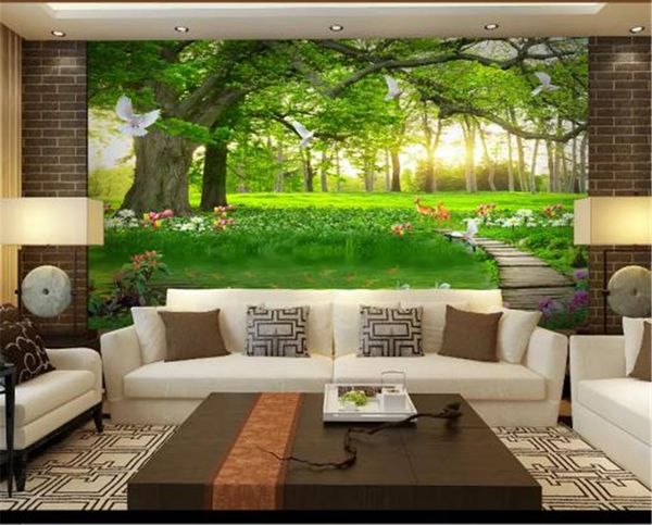 Venta al por mayor HD Wallpaper Beautiful Simple Leisure Green Tree Forest Landscape Interior TV Fondo Decoración de pared Mural Wallpaper