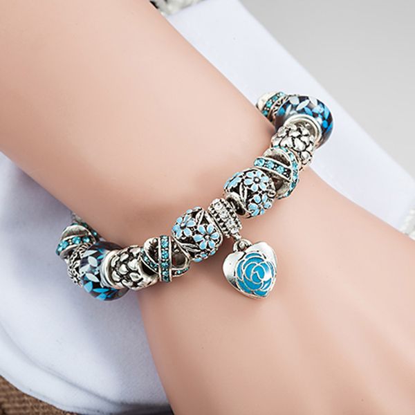 Vente en gros - Bracelet pendentif coeur pour bijoux Pandora plaqué argent de haute qualité bricolage pendentif perlé Bracelet cadeau de fête des mères avec boîte