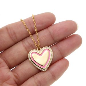 Collar con colgante de corazón con esmalte rosa, colgante de corazón pulido, cadena larga, grabado personalizado, collares con etiqueta de nombre