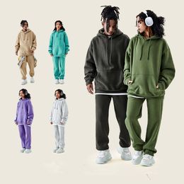 Groothandel zware katoenmix fleece sweatsuit unisex blanco effen losse hoodie trainingspak joggingbroek trui herfst winter pullover streetwear tops bodems