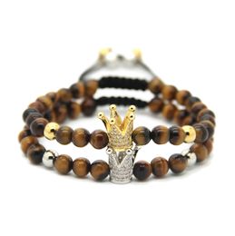 Groothandel Hoogwaardige sieraden 6mm A Grade Natural Tiger Eye Stone Beads Gold and Platinum Crown European Gevlochten Armband