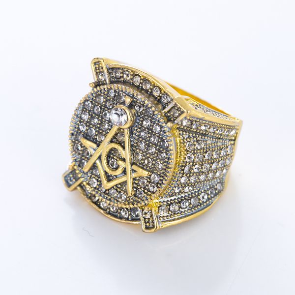 Venta al por mayor de alta calidad de latón Micro pavimenta piedras CZ Free Mason Ring AG Emblema brújula cuadrada Masonic Freemason Jewelry para hombres mujeres 18k oro