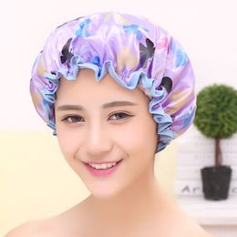 Vente en gros - Haute qualité double couche imperméable bonnet de douche imprimé papillon élastique séchage cheveux shampooing douche bonnet de bain chapeau