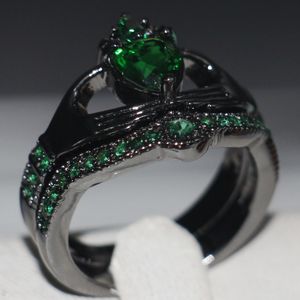 Groothandel hoge kwaliteit mode-sieraden claddagh 10kt zwart goud gevuld hartvorm smaragdd cz diamant edelstenen bruiloft vrouwen bruids ring