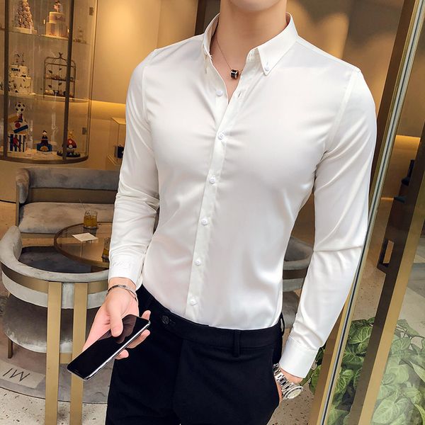 Gros-Haute qualité hommes chemises habillées à manches longues 2019 slim fit chemise de smoking blanc Business chemise sociale pour homme couleur unie soie