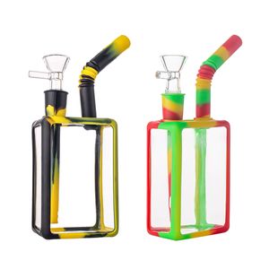 Venta al por mayor de pipa de agua para fumar Bong de vidrio de silicona de alta calidad con diseño de caja de jugo, vástago inferior de silicona y recipiente de vidrio de 14 mm - Accesorios para fumar tabaco GJ5415