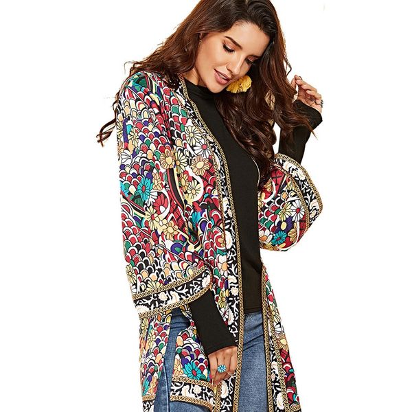 Vente en gros-haute femme automne vêtements d'extérieur ethnique imprimé floral à manches longues Boho veste Wrap Cardigans DSM