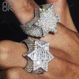 Gros Hip Hop Baguette Moissanite Bague en diamant épais étoile à cinq branches plaqué or 925 argent Vvs bague pour hommes