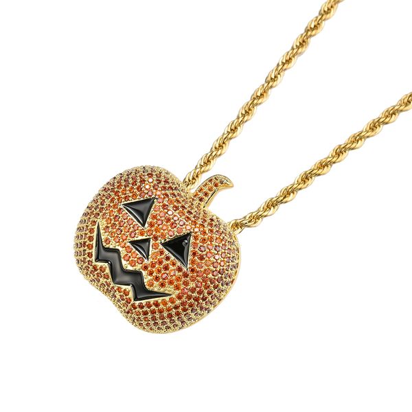 Gros-Hip Hop Halloween citrouille Pendentif Cuivre Micro pavé avec pierres CZ Collier Bijoux pour hommes et femmes CN028