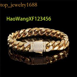 Groothandel Hip Hop Iced Out Clasp CZ Curb 10 12mm armbanden Gold vergulde roestvrijstalen Cubaanse schakelarmband voor mannen